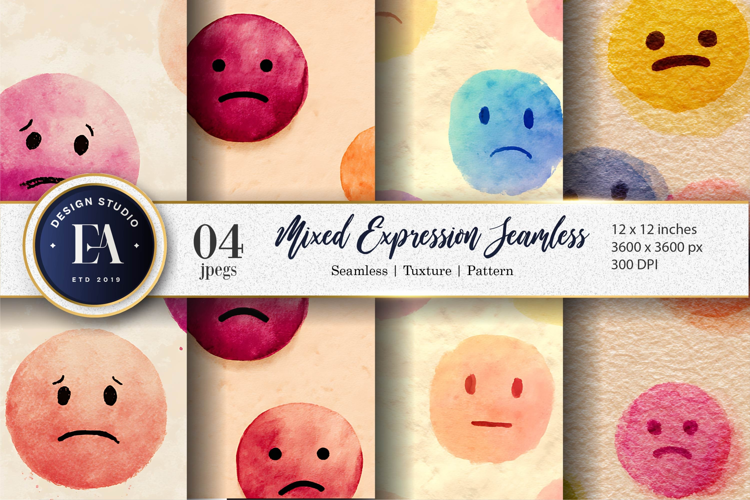 Seamless Emoji Face Bold Expression Watercolor Digital Paper