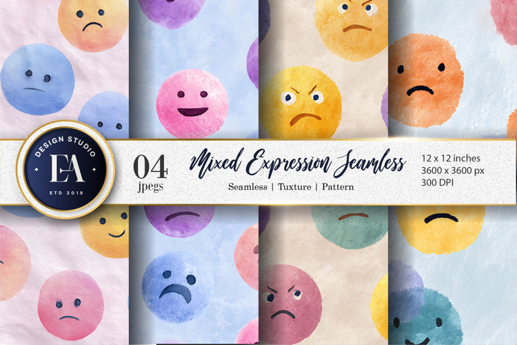 Bold Watercolor Emoji Face Expression Seamless Digital Paper