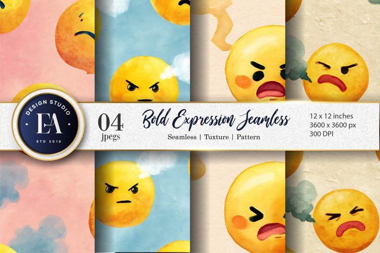 Watercolor Bold Emoji Face Expression Seamless Digital Paper
