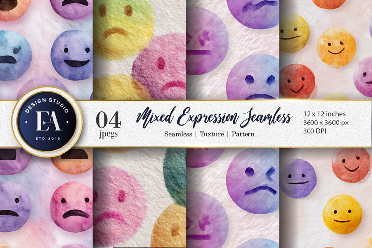 Seamless Emoji Face Bold Expression Watercolor Digital Paper