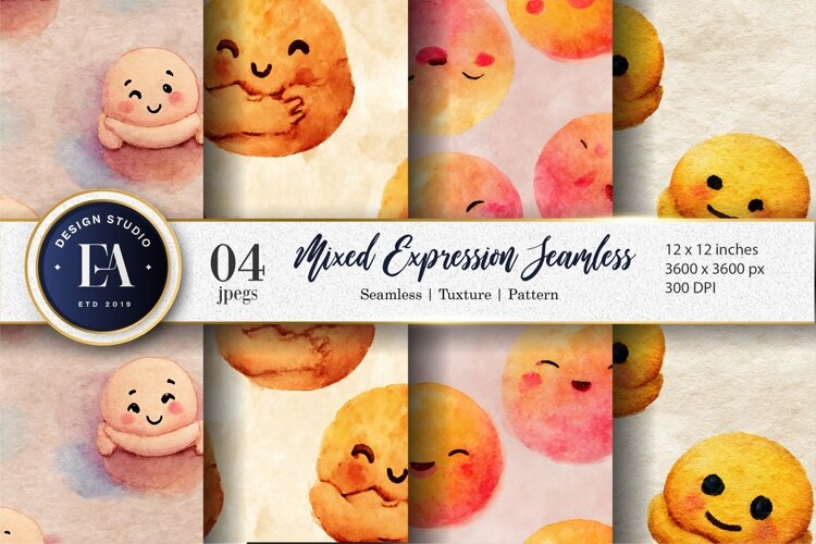 Bold Watercolor Emoji Face Expression Seamless Digital Paper example image 1