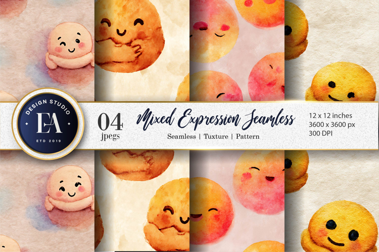 Bold Watercolor Emoji Face Expression Seamless Digital Paper