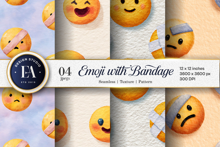 Seamless Watercolor Bandaged Emoji Digital Paper