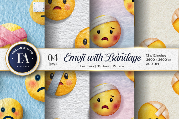 Seamless Watercolor Bandaged Emoji Digital Paper