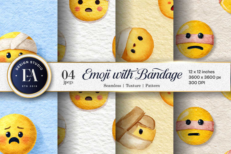 Bandaged Emoji Watercolor Face Seamless Digital Paper