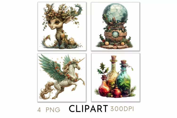 Enchanted Christmas Illustrations Watercolor Clipart PNG