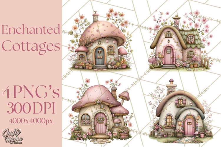 Enchanted Fairy Cottages Clipart PNG, Pastel Woodland