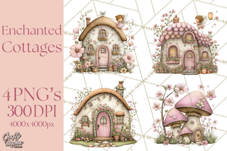 Enchanted Fairy Cottages Clipart PNG, Pastel Woodland