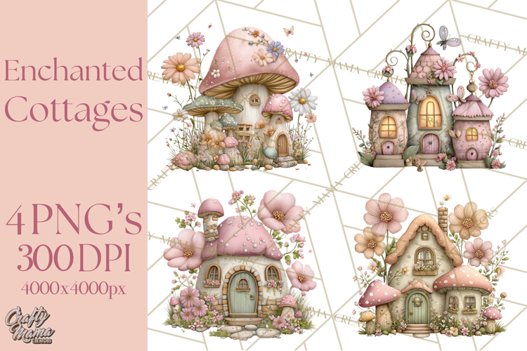 Enchanted Fairy Cottages Clipart PNG, Pastel Woodland