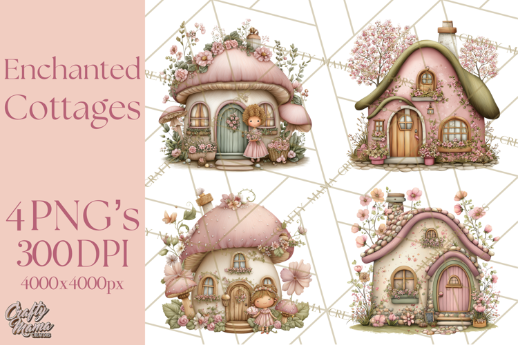 Enchanted Fairy Cottages Clipart PNG, Pastel Woodland