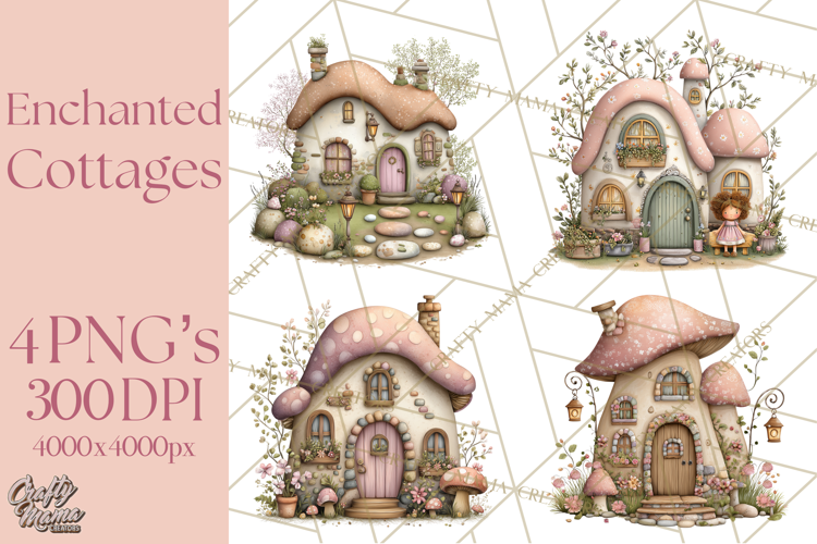 Enchanted Fairy Cottages Clipart PNG, Pastel Woodland