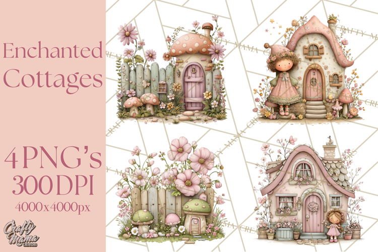Enchanted Fairy Cottages Clipart PNG, Pastel Woodland
