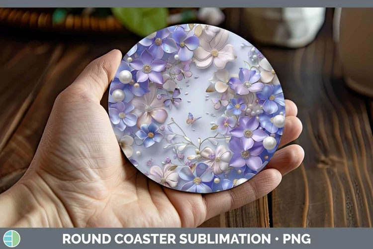 Enchanted Flowers 3D Periwinkle Round Coaster Sublimation Co