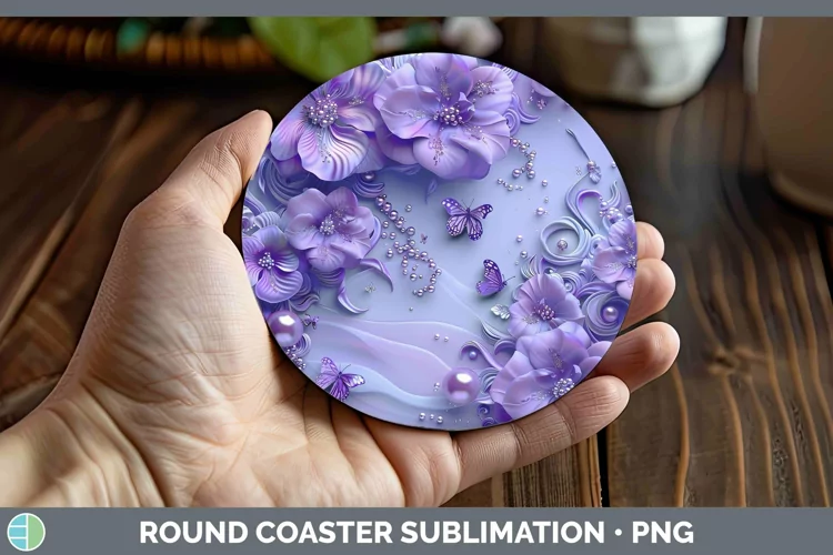 Enchanted Flowers 3D Violet Round Coaster Sublimation Coaste
