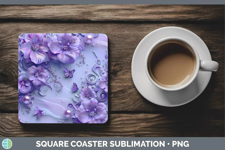 Enchanted Flowers 3D Violet Square Coaster Sublimation Coast
