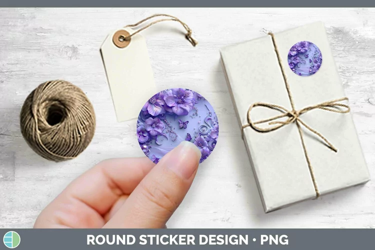 Enchanted Flowers 3D Violet Stickers | Round Labels Designs