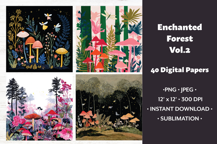 Enchanted Forest Digital Paper Vol.2, 40 PNG & JPEG