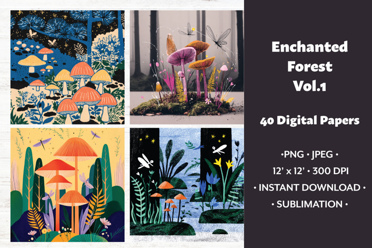 Enchanted Forest Digital Paper Vol.1, 40 PNG & JPEG