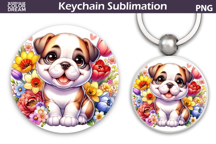 English Bulldog Round Keychain | Dog Floral Key Keychain