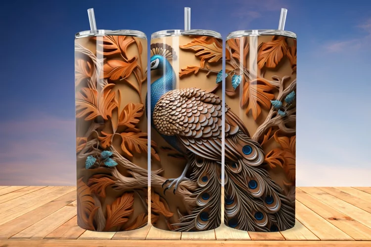 3D Engraved Leather Peacock 20 Oz Skinny Tumbler