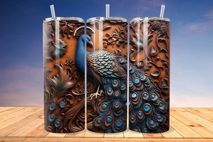 3D Engraved Leather Peacock 20 Oz Skinny Tumbler example image 1
