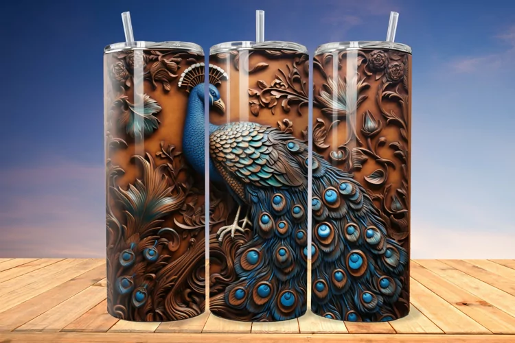 3D Engraved Leather Peacock 20 Oz Skinny Tumbler
