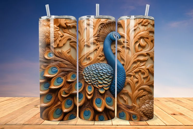 3D Engraved Leather Peacock 20 Oz Skinny Tumbler