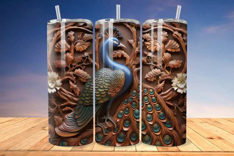 3D Engraved Leather Peacock 20 Oz Skinny Tumbler