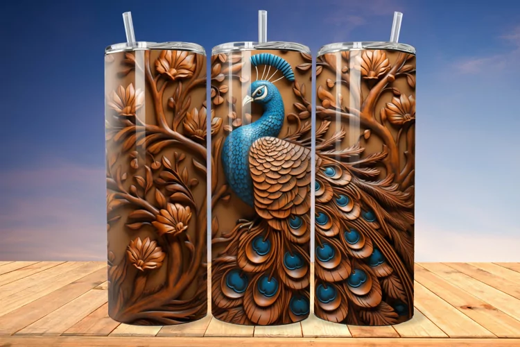 3D Engraved Leather Peacock 20 Oz Skinny Tumbler