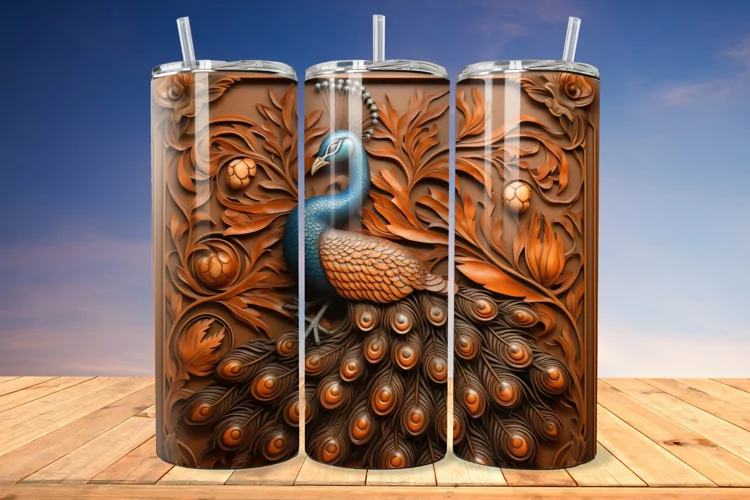 3D Engraved Leather Peacock 20 Oz Skinny Tumbler