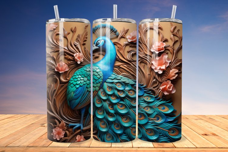 3D Engraved Leather Peacock 20 Oz Skinny Tumbler example image 1