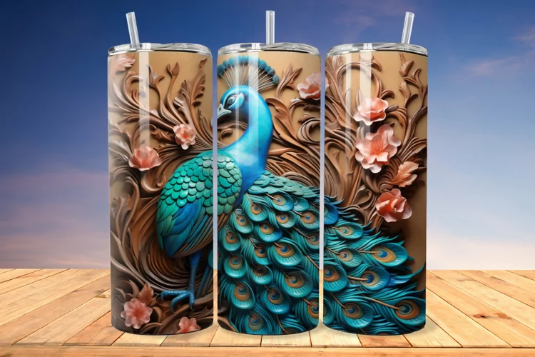 3D Engraved Leather Peacock 20 Oz Skinny Tumbler