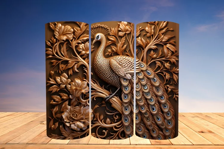 3D Engraved Leather Peacock 20 Oz Skinny Tumbler