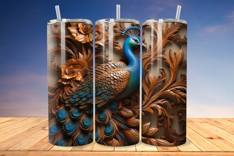 3D Engraved Leather Peacock 20 Oz Skinny Tumbler