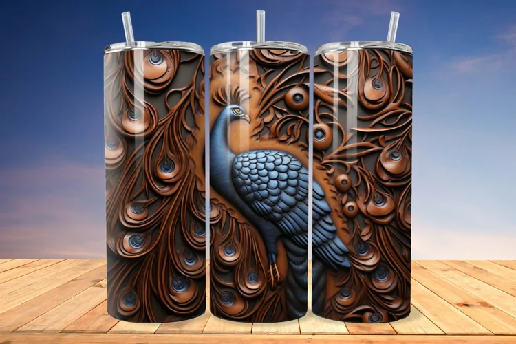 3D Engraved Leather Peacock 20 Oz Skinny Tumbler
