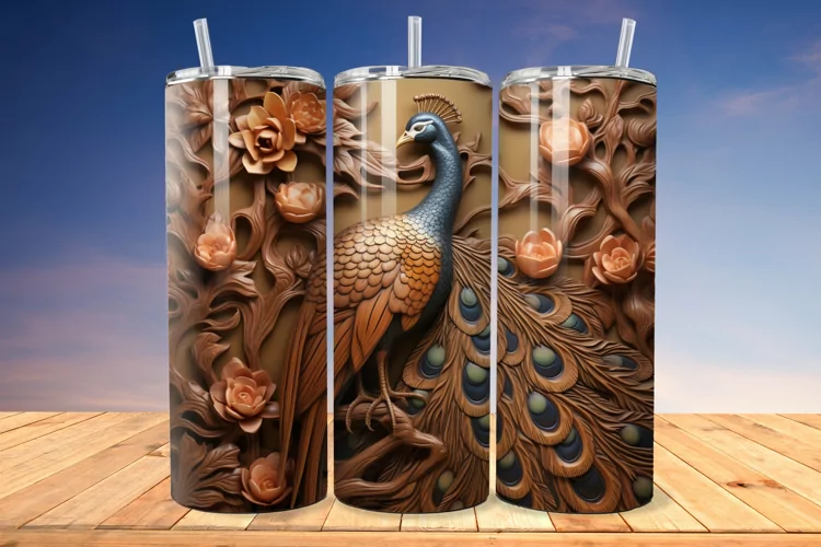 3D Engraved Leather Peacock 20 Oz Skinny Tumbler
