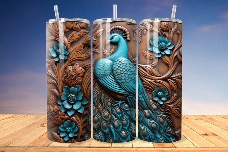 3D Engraved Leather Peacock 20 Oz Skinny Tumbler
