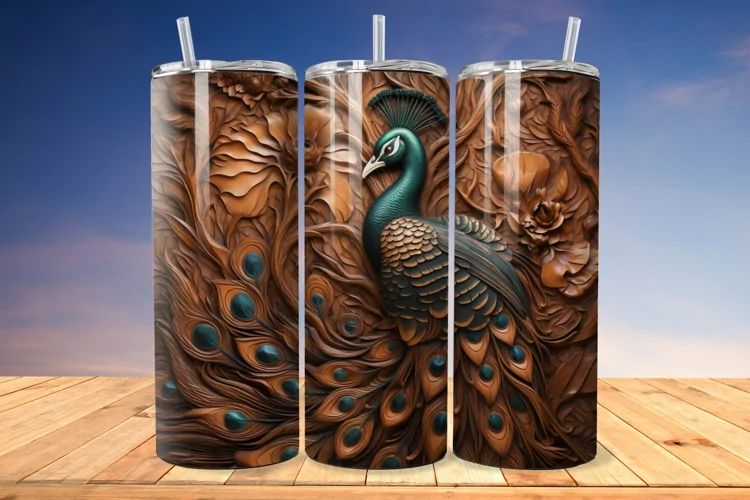 3D Engraved Leather Peacock 20 Oz Skinny Tumbler