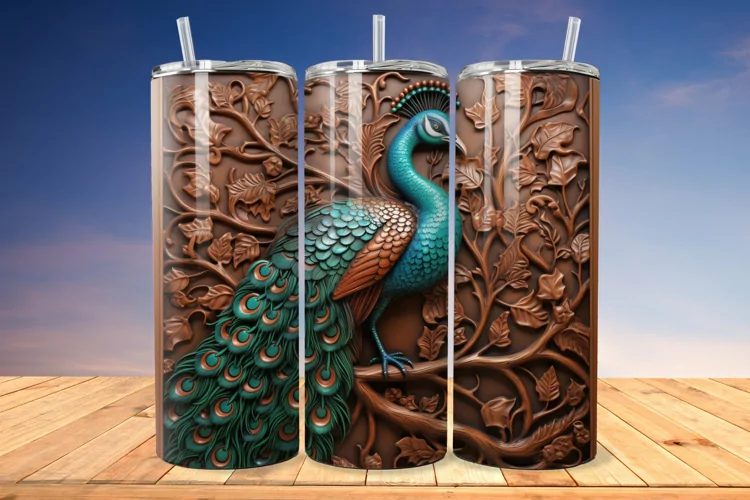 3D Engraved Leather Peacock 20 Oz Skinny Tumbler