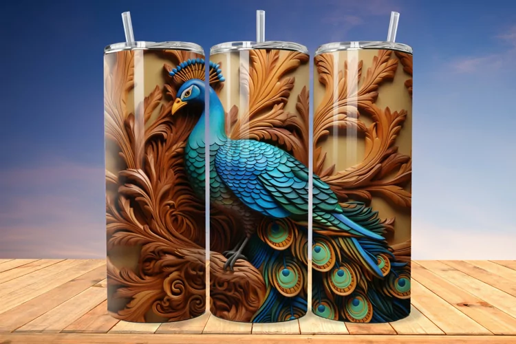 3D Engraved Leather Peacock 20 Oz Skinny Tumbler