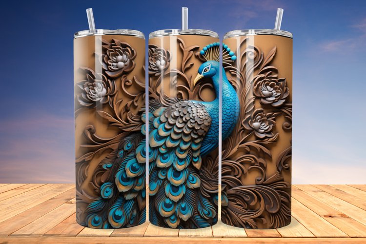 3D Engraved Leather Peacock 20 Oz Skinny Tumbler example image 1