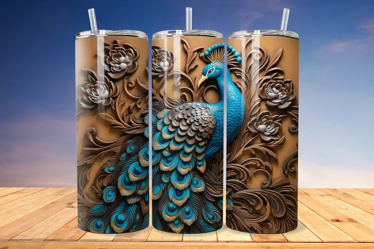 3D Engraved Leather Peacock 20 Oz Skinny Tumbler