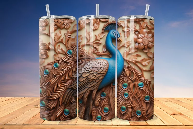 3D Engraved Leather Peacock 20 Oz Skinny Tumbler