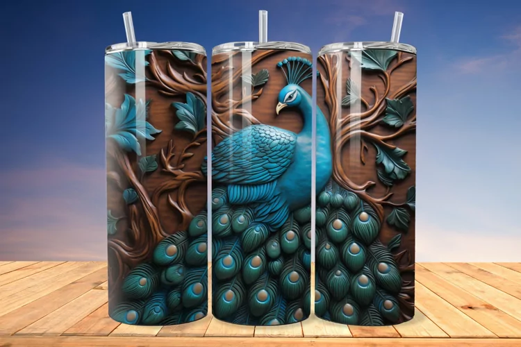 3D Engraved Leather Peacock 20 Oz Skinny Tumbler