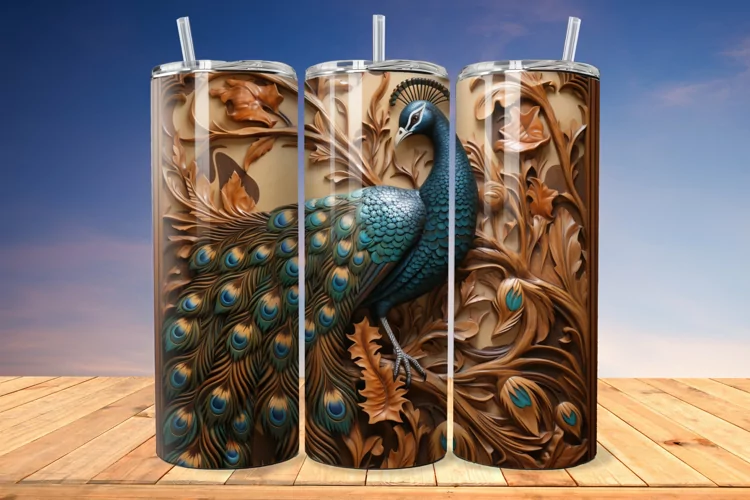 3D Engraved Leather Peacock 20 Oz Skinny Tumbler