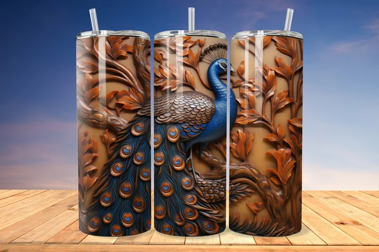 3D Engraved Leather Peacock 20 Oz Skinny Tumbler