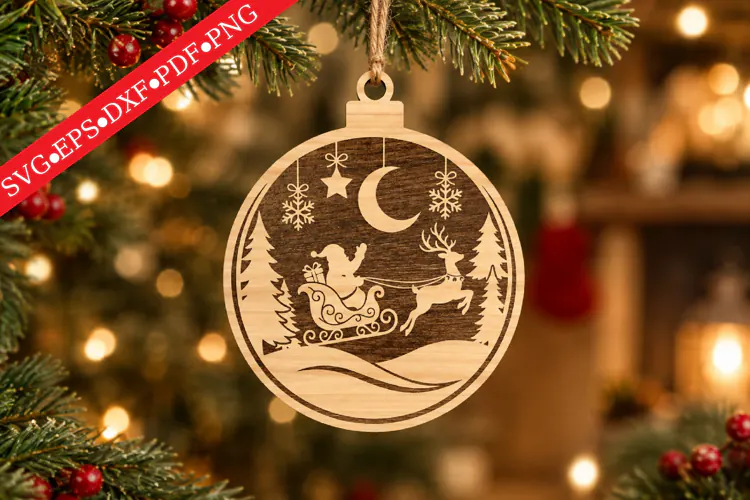 Engraved Santa Sleigh Wooden Ornament SVG
