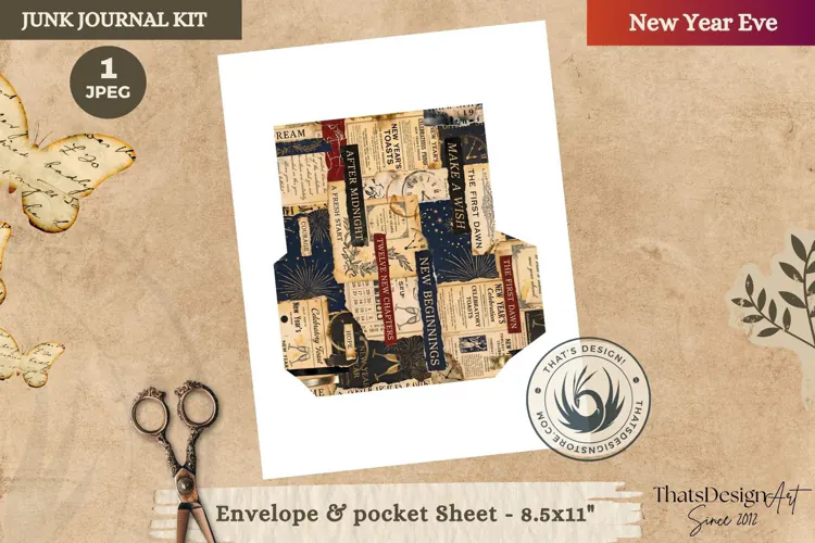 Vintage New Year Junk Journal Page ephemera fussy cut