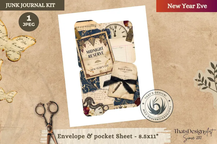 Vintage New Year Junk Journal Page ephemera fussy cut
