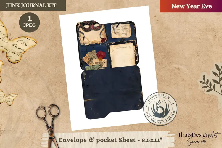 Vintage New Year Junk Journal Page ephemera fussy cut